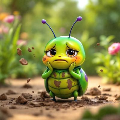 The primary subject of the image is a small, colorful, and cute green and yellow insect, possibly a grasshopper or a ladybug. It is situated in a dirt field with rocks scattered around, giving the scene a natural and outdoor atmosphere. The visual style of the image is a combination of photo and digital art, creating a unique and eye-catching appearance. The colors and mood of the image are vibrant and cheerful, with the insect's bright colors and the dirt field's natural